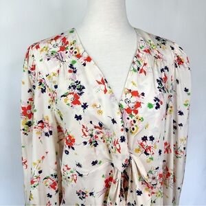 Veronica Beard Floral Blouse with Bow | Long Sleeve Silk Top | Size 10